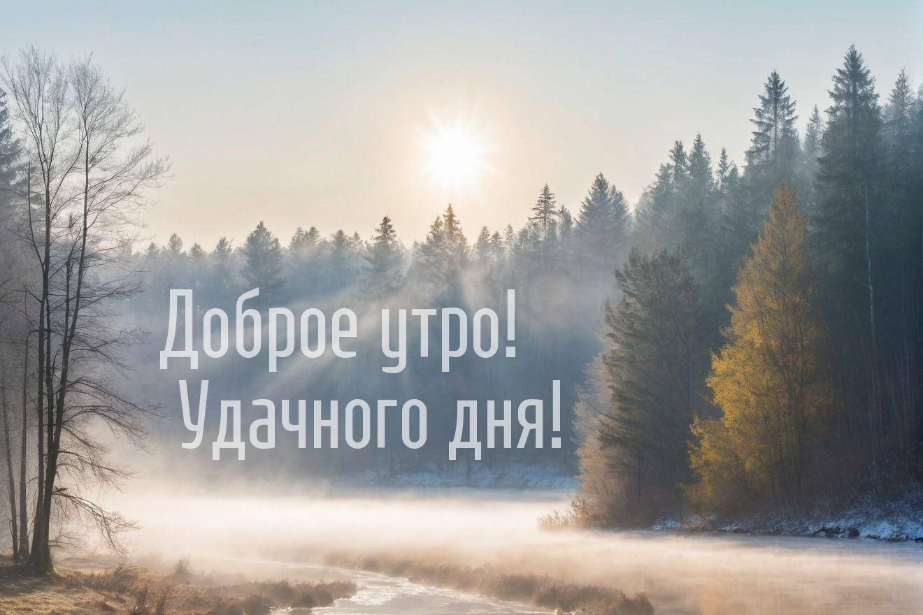 Утро, живописный зимний пейзаж с рекой и туманом