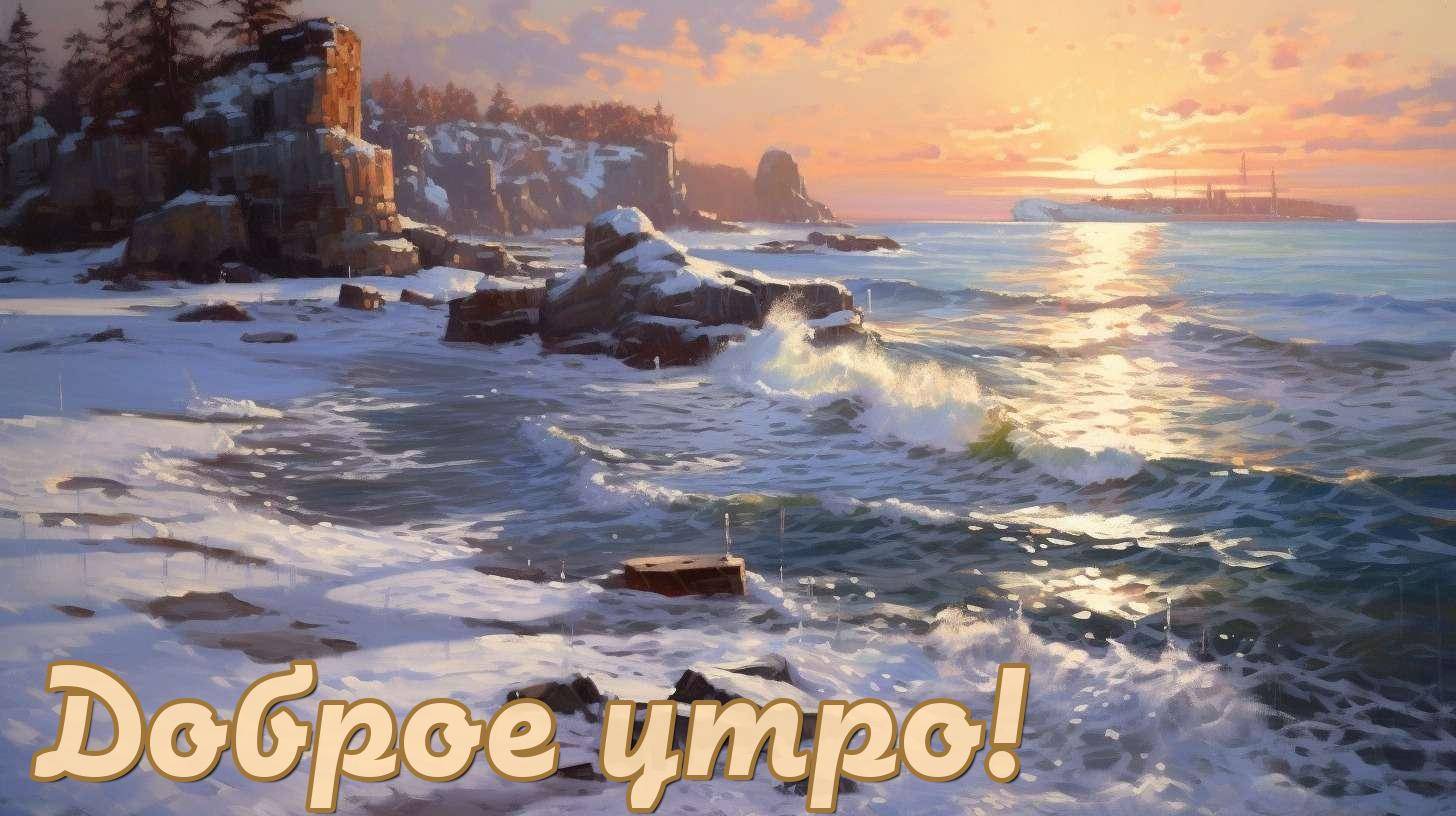 Утро, живописное побережье со снежными скалами