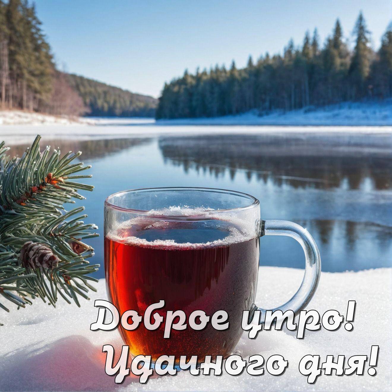 Утро, зимний пейзаж с чашкой горячего напитка на снегу