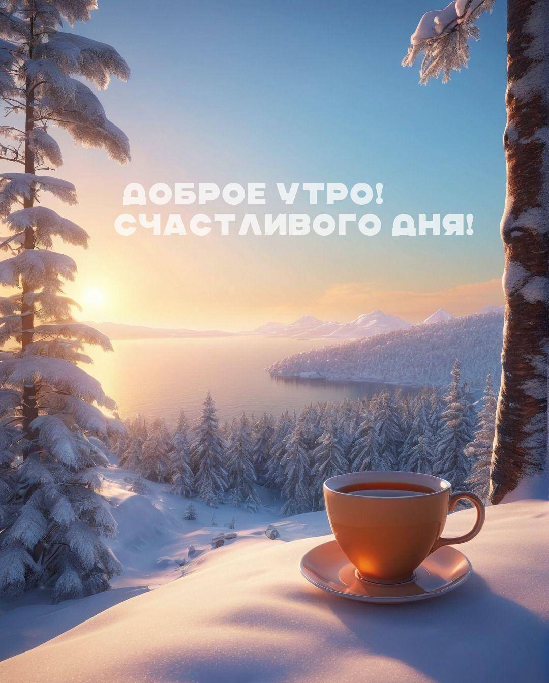 Утро, зимний пейзаж с чашкой на снегу, деревья и озеро.