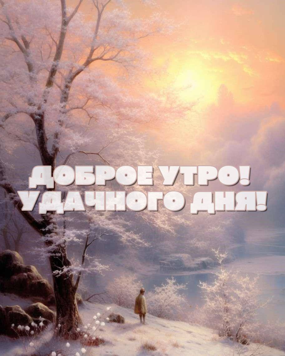 Утро, зимний пейзаж с человеком на склоне