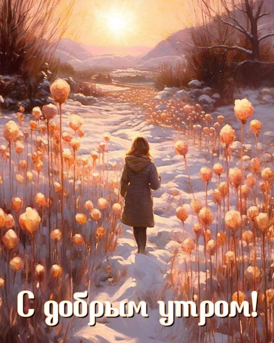 Утро, зимний пейзаж с человеком на заснеженной дорожке