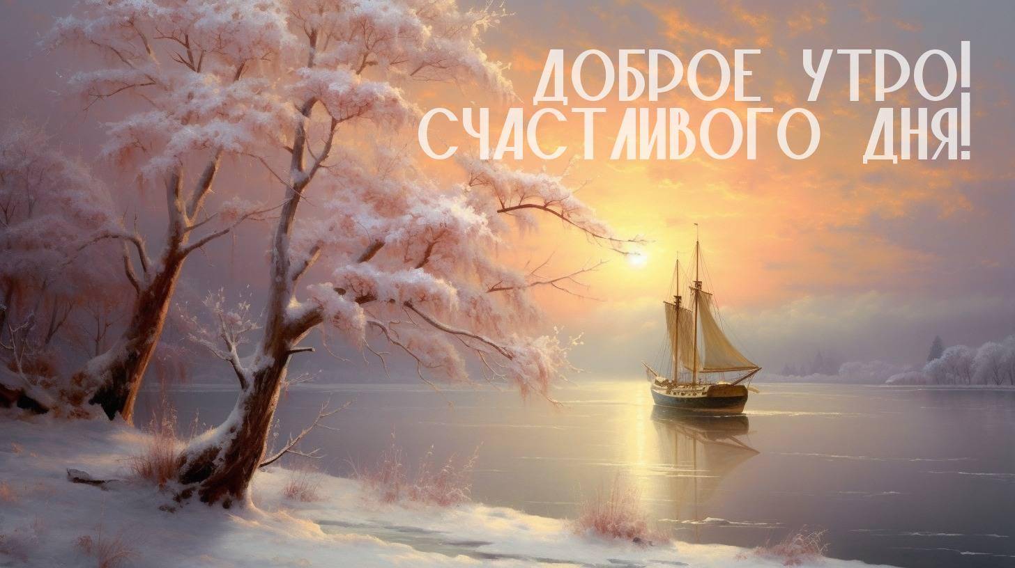 Утро, зимний пейзаж с деревьями и кораблём