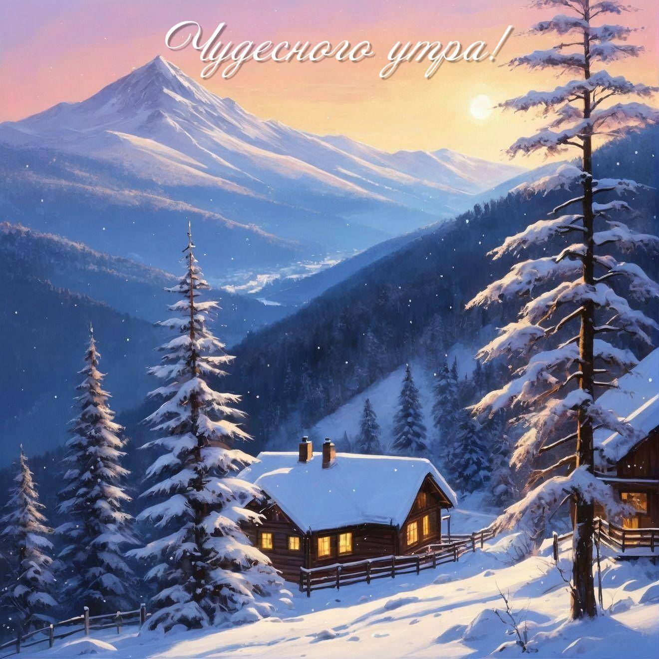 Утро, зимний пейзаж с хижиной и горным хребтом