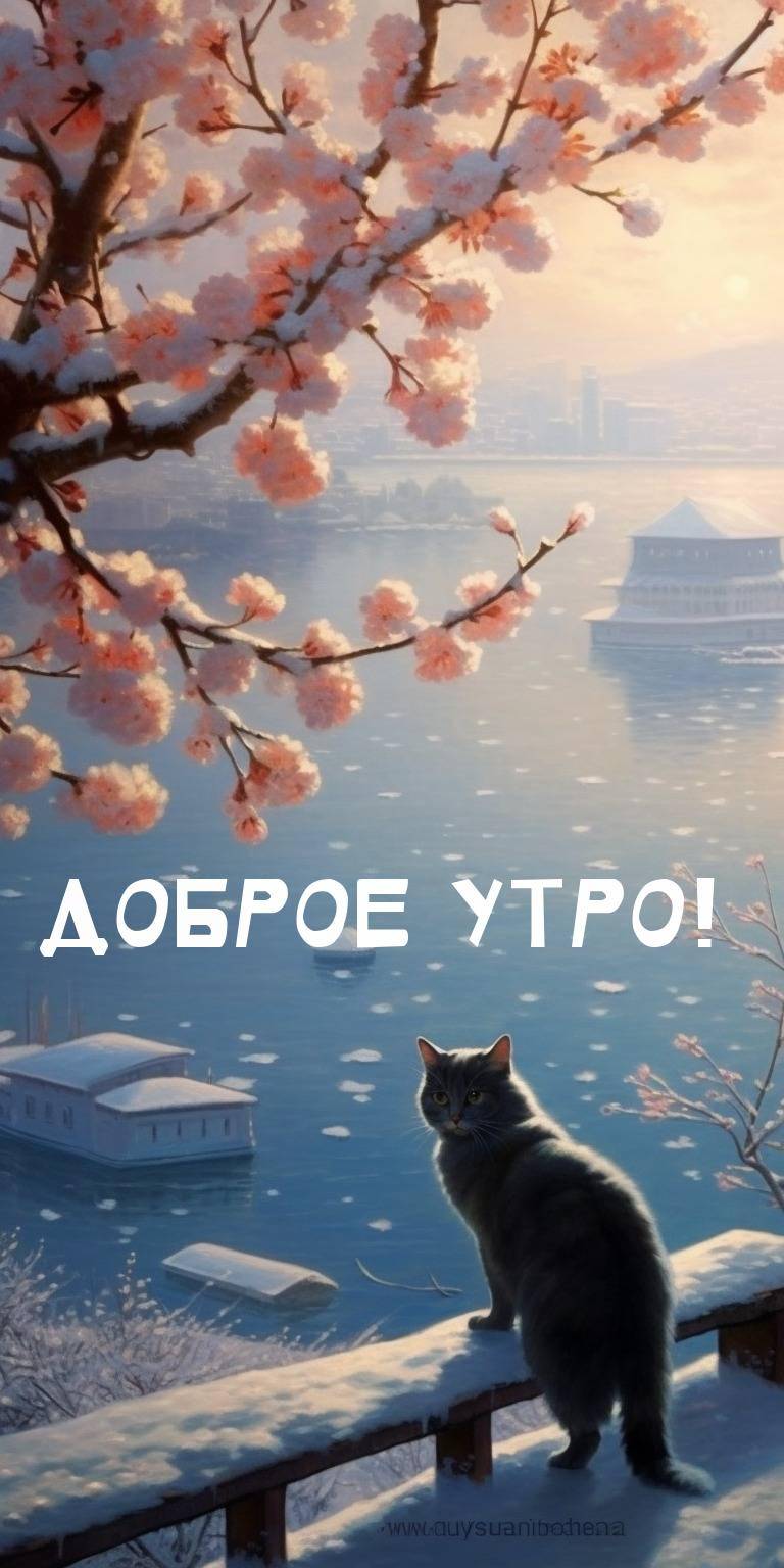 Утро, зимний пейзаж с кошкой и заснеженными деревьями