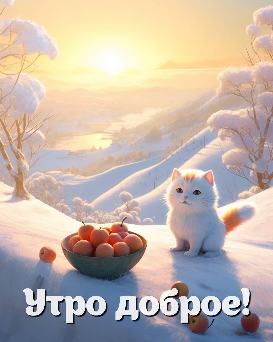 Утро, зимний пейзаж с котом и яблоками