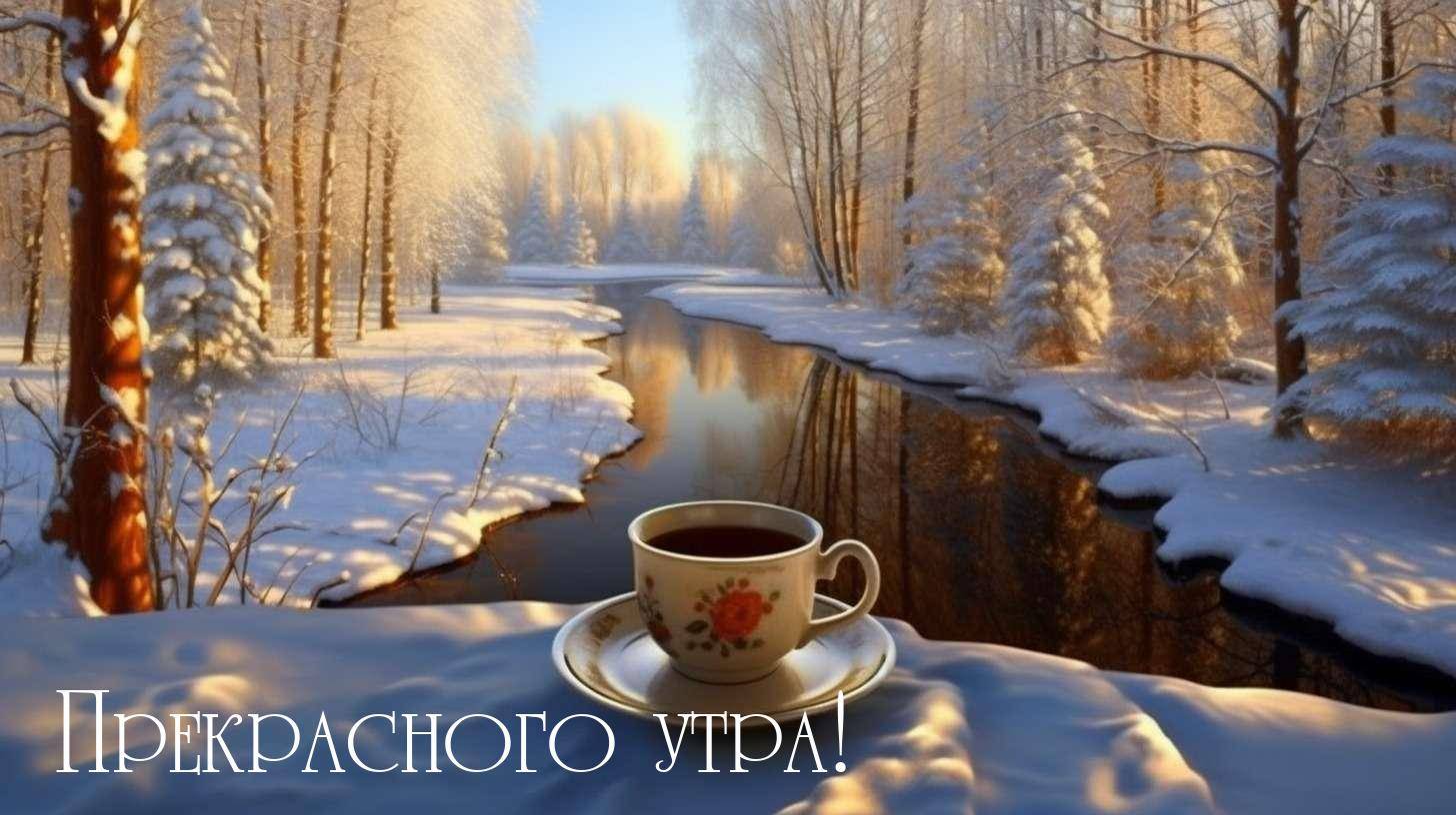 Утро, зимний пейзаж с рекой, деревьями и чашкой на снегу