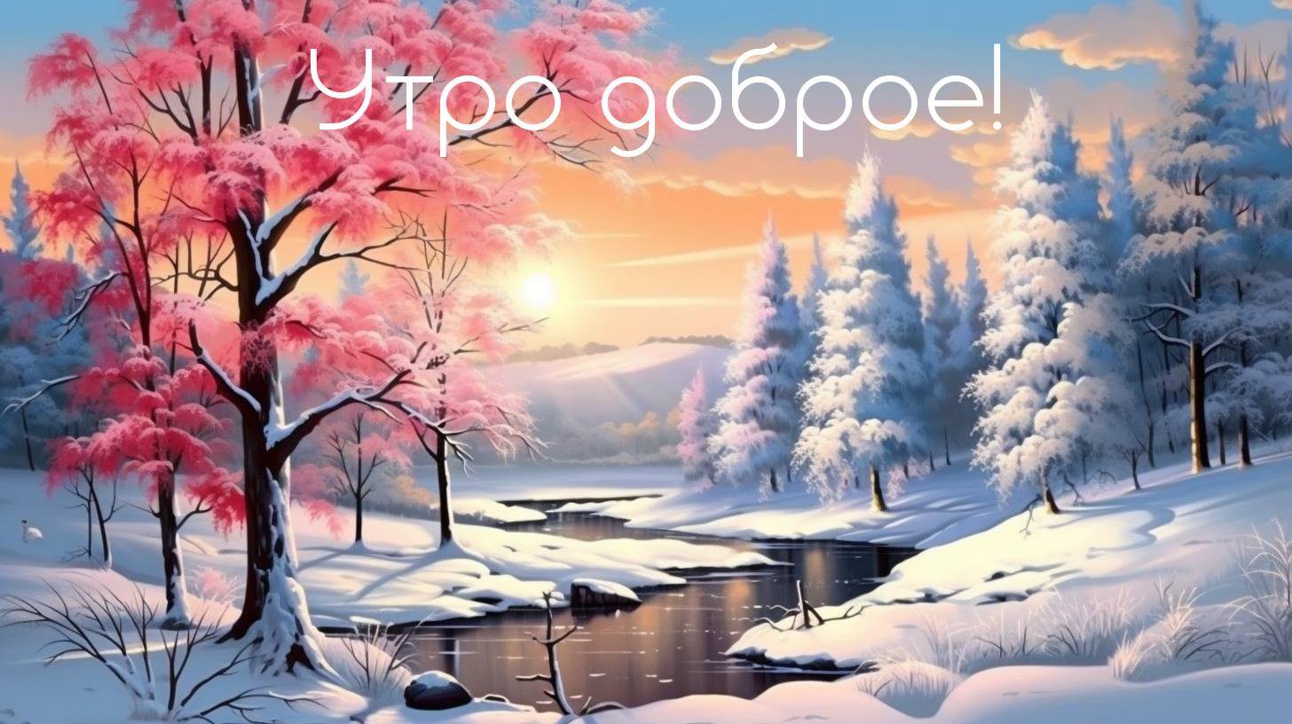 Утро, зимний пейзаж с рекой и розовым деревом