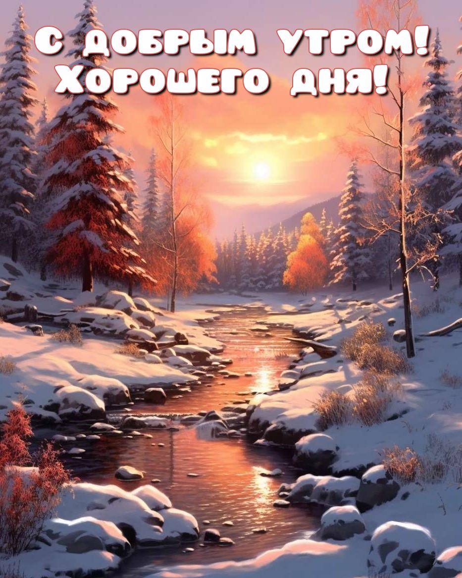 Утро, зимний пейзаж с рекой и закатом, снег на деревьях