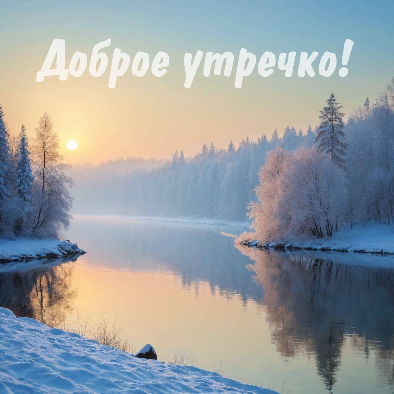 Утро, зимний пейзаж с рекой и заснеженными деревьями