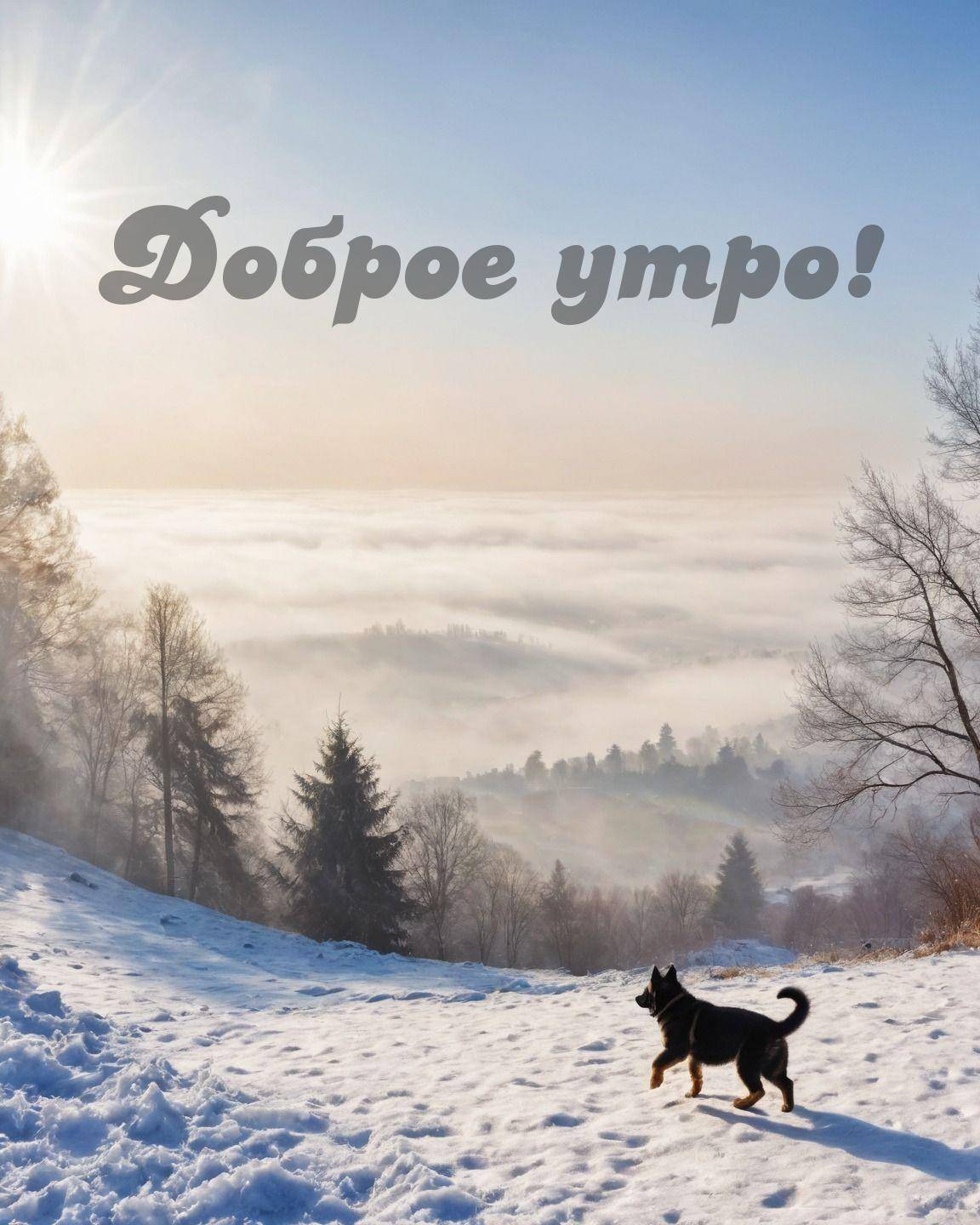 Утро, зимний пейзаж с собакой на заснеженном поле