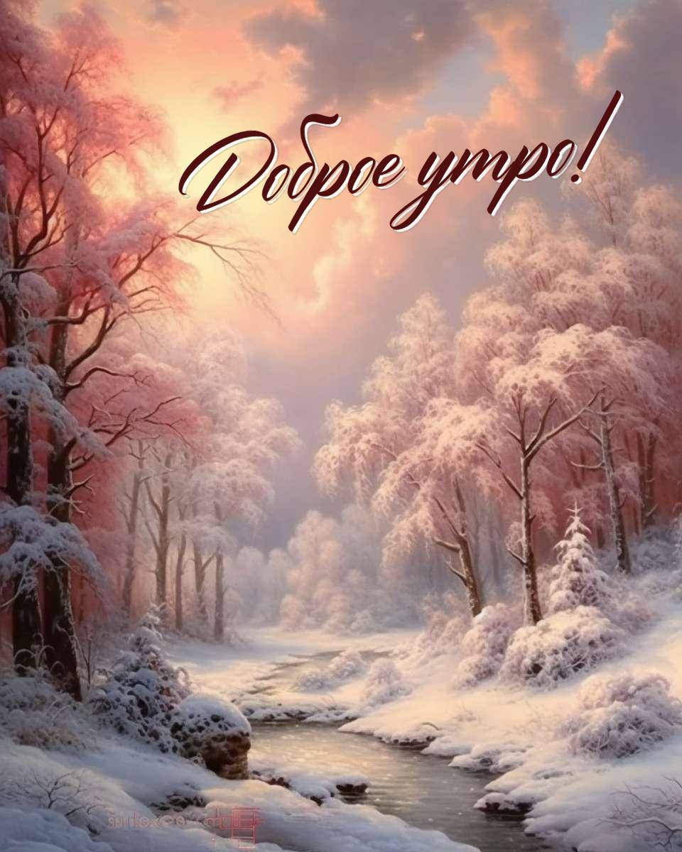 Утро, зимний пейзаж с заснеженными деревьями и рекой