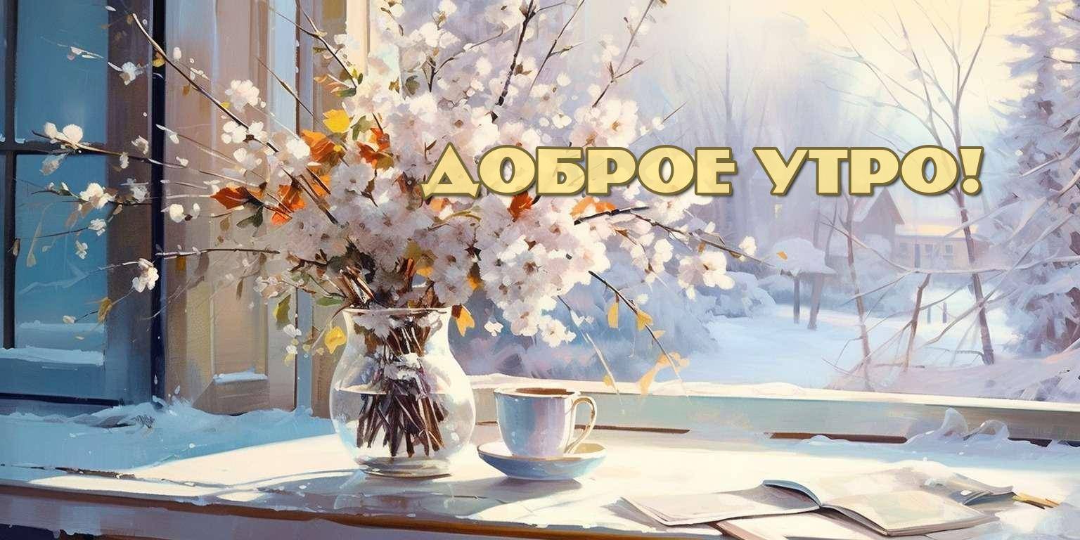 Утро, зимний пейзаж за окном, ваза с цветами, чашка и книга