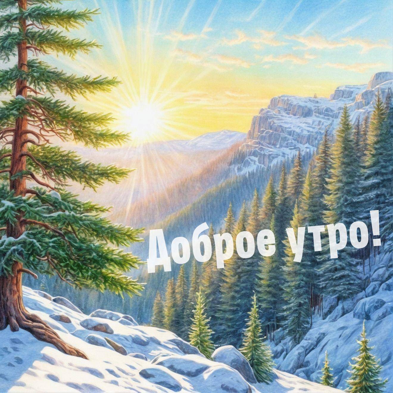 Утро, зимняя горная сцена с солнцем