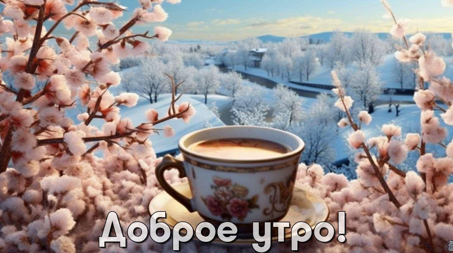 Утро, зимняя сцена с чашкой горячего напитка, украшенной цветами