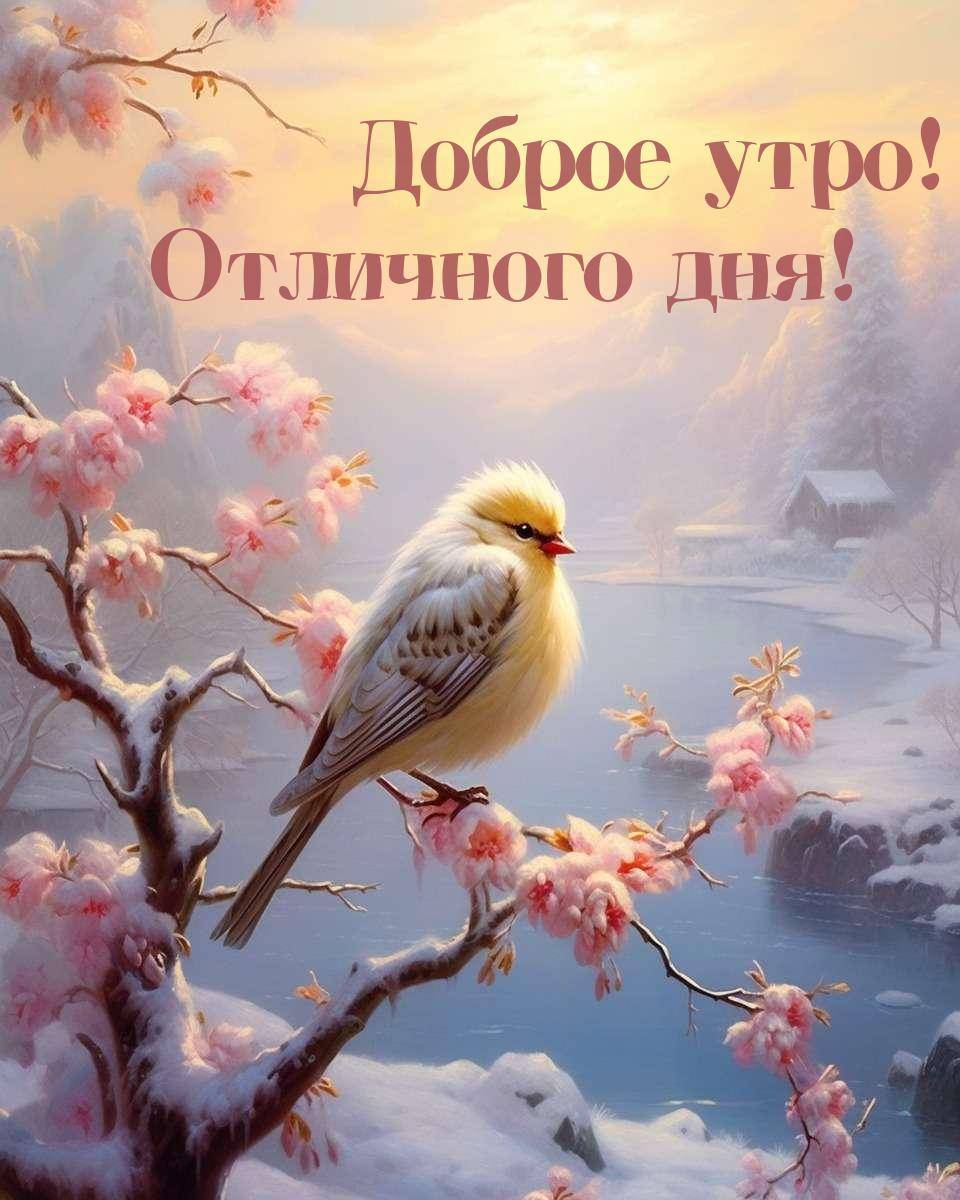 Утро, зимняя сцена с птицей на ветке с розовыми цветами