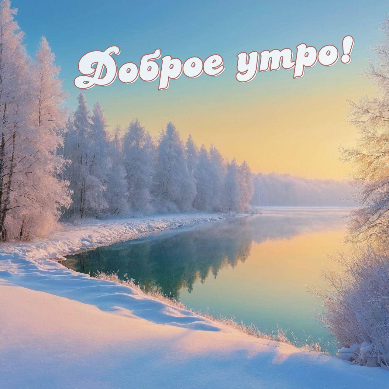 Утро, зимняя сцена с тихой рекой и снежными деревьями