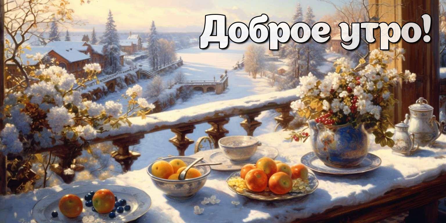 Утро, зимняя сцена с украшенным столом на переднем плане